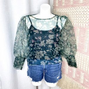 Mango Green Floral Sheer Puff Sleeve Blouse Women’s Large